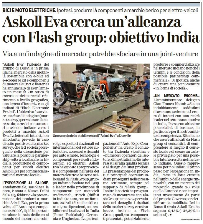 Askoll Eva cerca un'alleanza con Flash Group: obiettivo India